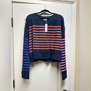 NWT Sundry Stripe Sweatshirt Crewneck Boxy Crop Oversized Navy Pink Red